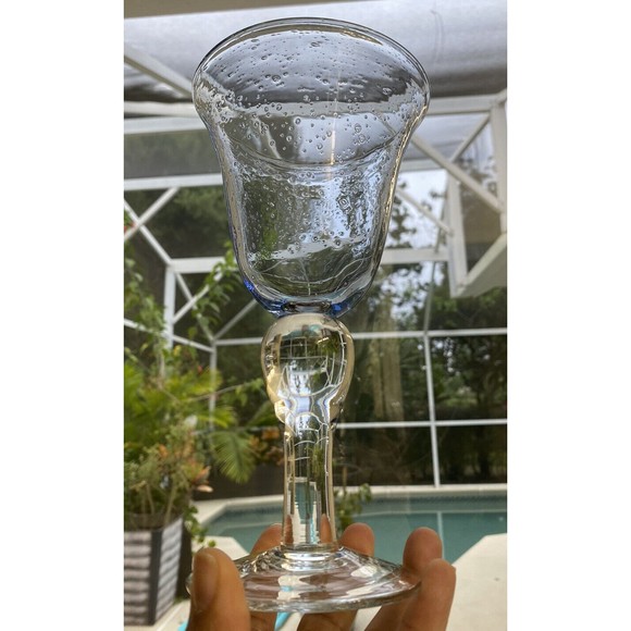 3 Artland Iris Light Blue Hand Blown Bubble Glass Bulbous Clear Stem Goblets - Picture 13 of 15